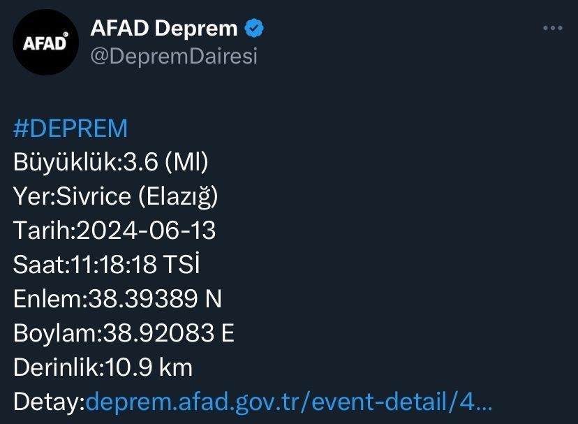 Elazığ’da 3.6 büyüklüğünde deprem
