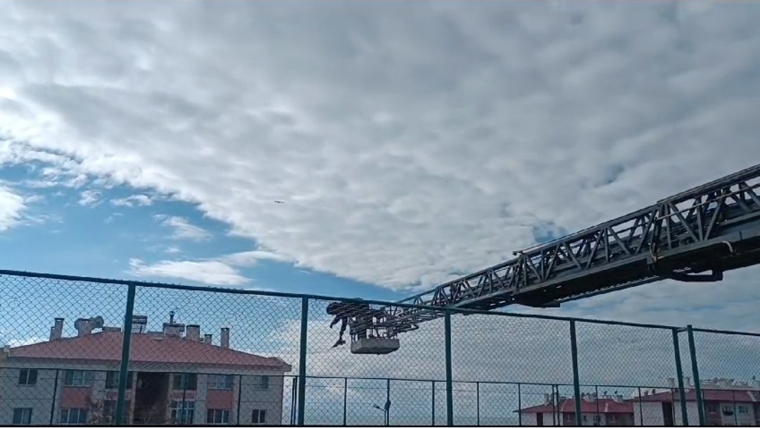 Van’da halı sahanın yan ağlarına takılan karga kurtarıldı
